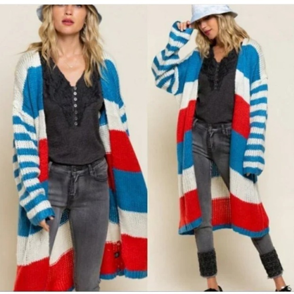 POL Striped Duster Cardigan Open Knit Blue Orange White Bohemian Size S‎
